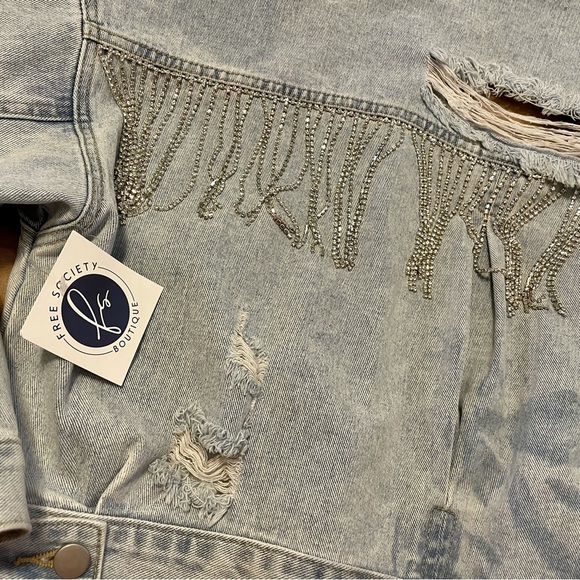 Nwt🔥Vervet Blue Denim Crop Rhinestone Bling Denim Jean Jacket - Picture 1 of 5